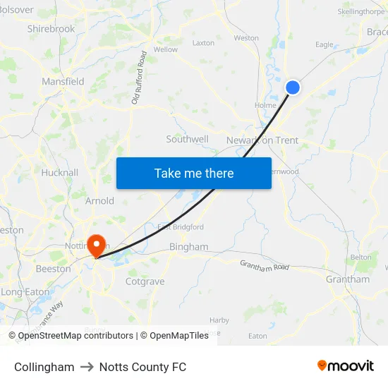 Collingham to Notts County FC map