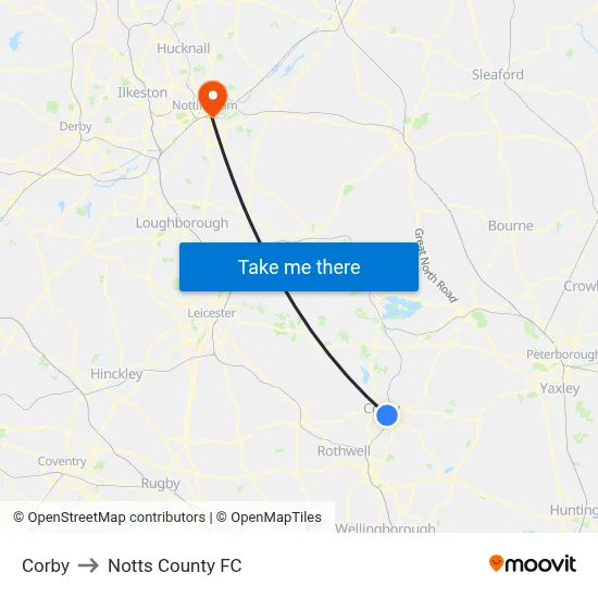 Corby to Notts County FC map