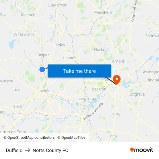 Duffield to Notts County FC map