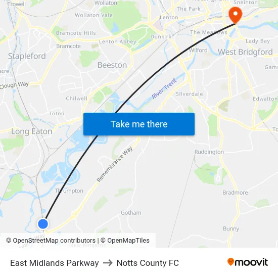 East Midlands Parkway to Notts County FC map