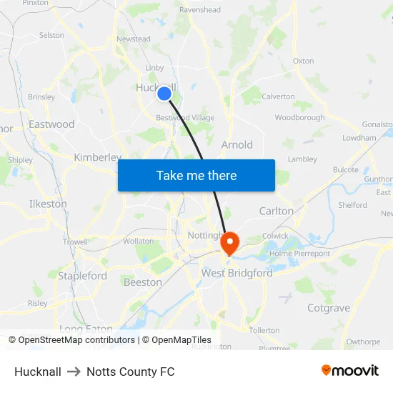 Hucknall to Notts County FC map