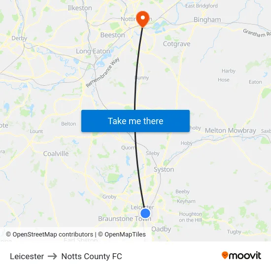 Leicester to Notts County FC map