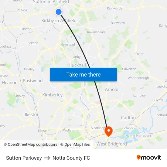 Sutton Parkway to Notts County FC map