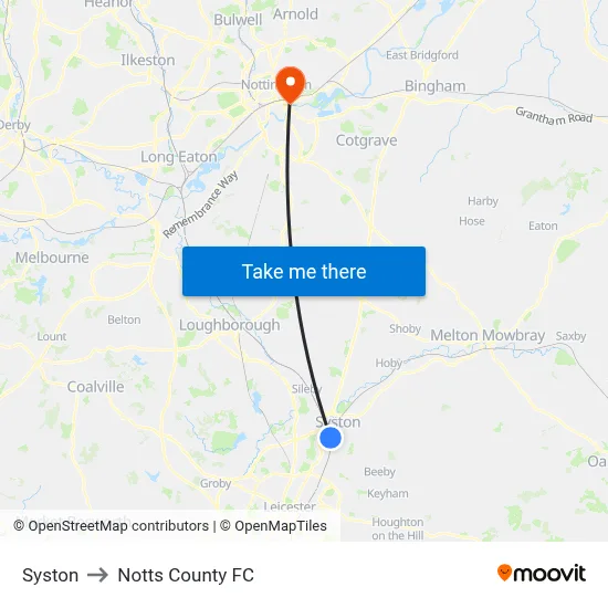 Syston to Notts County FC map