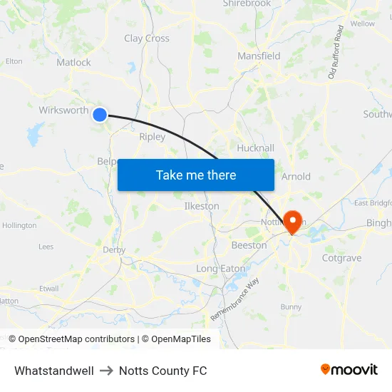 Whatstandwell to Notts County FC map
