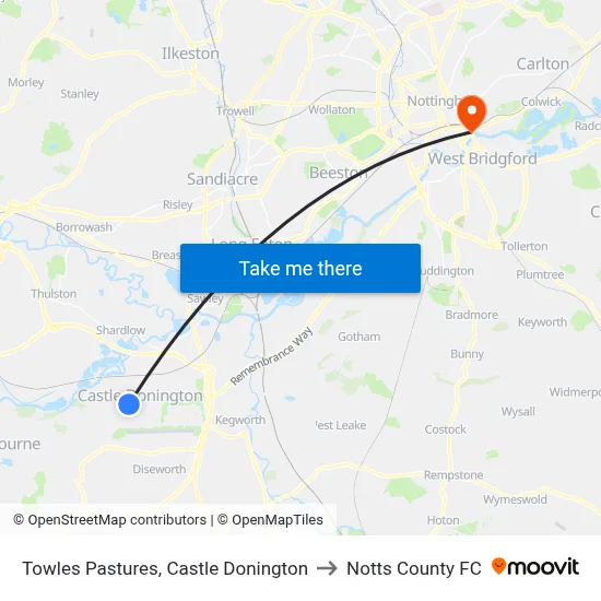 Towles Pastures, Castle Donington to Notts County FC map