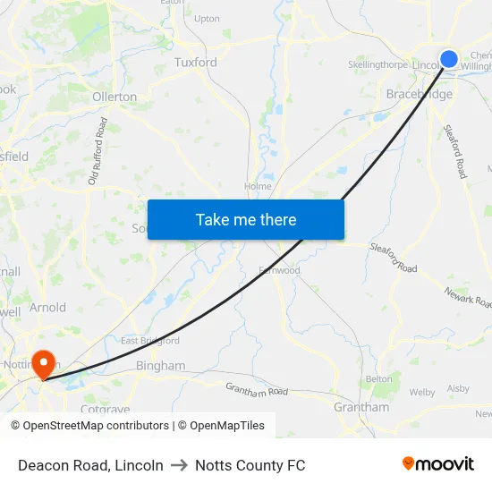 Deacon Road, Lincoln to Notts County FC map