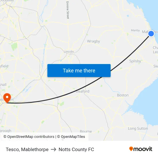 Tesco, Mablethorpe to Notts County FC map