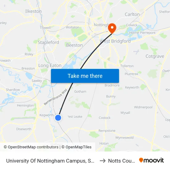 University Of Nottingham Campus, Sutton Bonington to Notts County FC map
