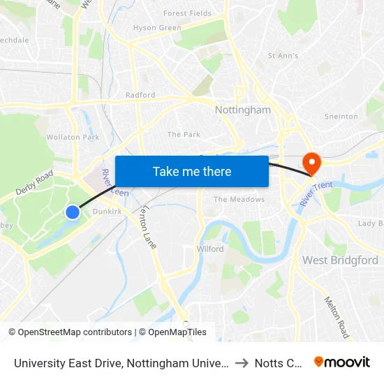 University East Drive, Nottingham University Main Campus (Un42) to Notts County FC map