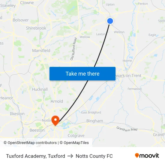 Tuxford Academy, Tuxford to Notts County FC map