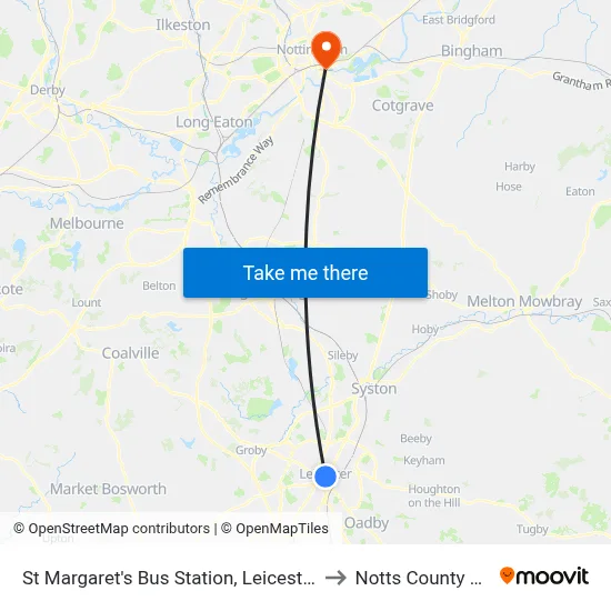 St Margaret's Bus Station, Leicester to Notts County FC map