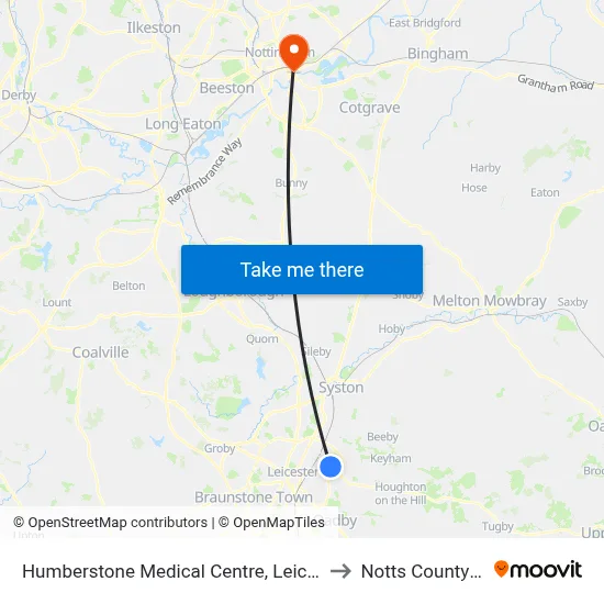 Humberstone Medical Centre, Leicester to Notts County FC map