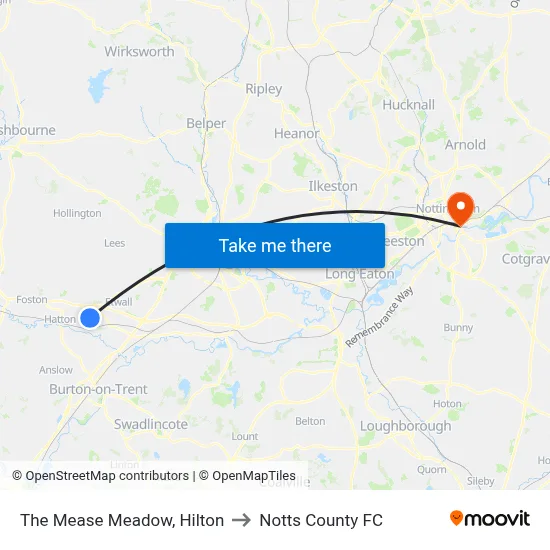 The Mease Meadow, Hilton to Notts County FC map