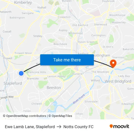 Ewe Lamb Lane, Stapleford to Notts County FC map