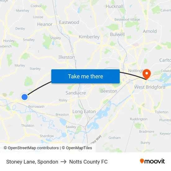 Stoney Lane, Spondon to Notts County FC map