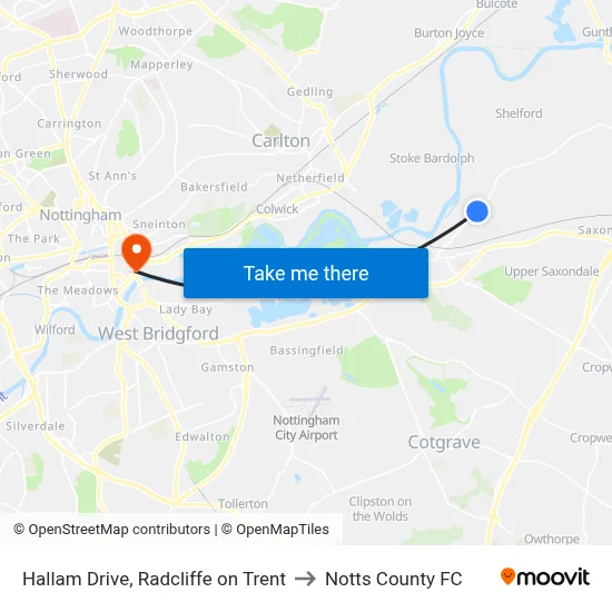 Hallam Drive, Radcliffe on Trent to Notts County FC map