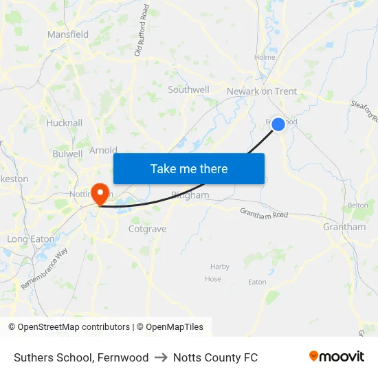 Suthers School, Fernwood to Notts County FC map