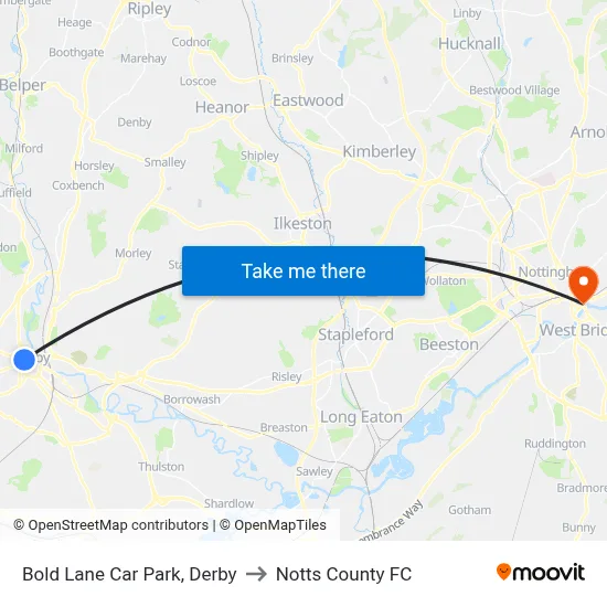 Bold Lane Car Park, Derby to Notts County FC map