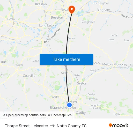 Thorpe Street, Leicester to Notts County FC map