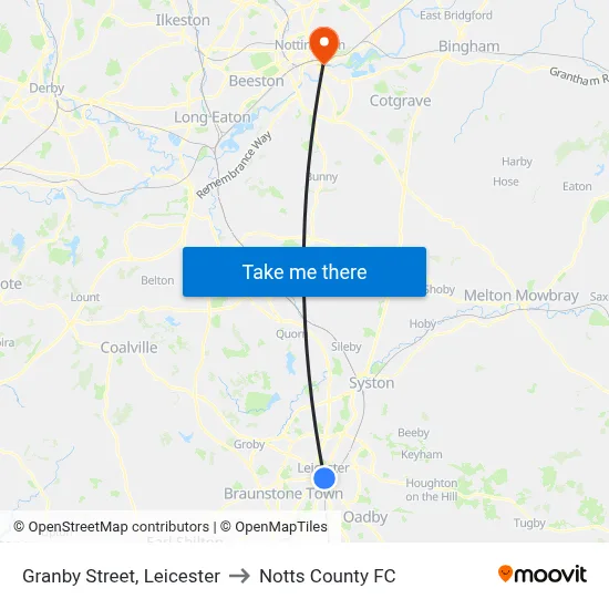 Granby Street, Leicester to Notts County FC map
