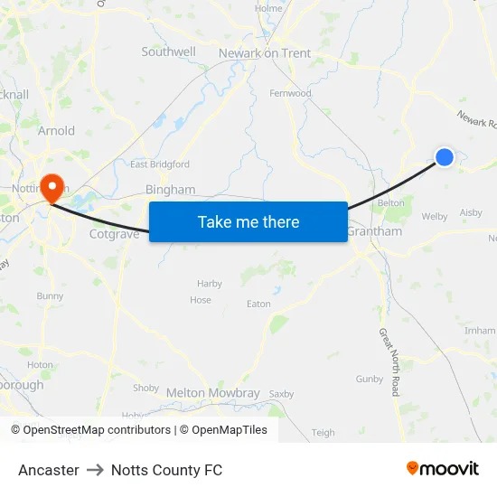 Ancaster to Notts County FC map