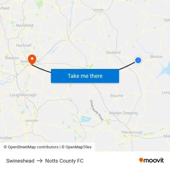 Swineshead to Notts County FC map