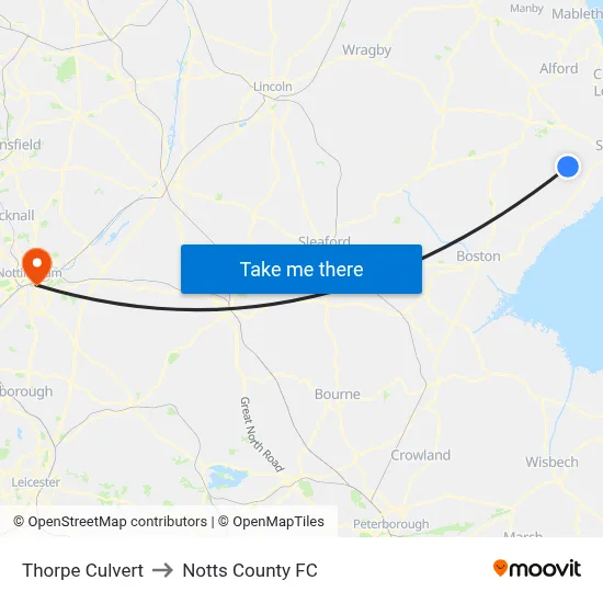 Thorpe Culvert to Notts County FC map