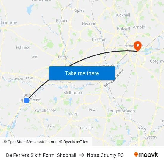 De Ferrers Sixth Form, Shobnall to Notts County FC map