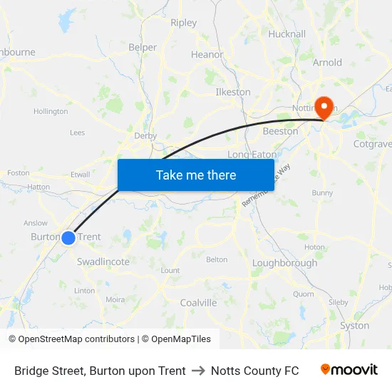 Bridge Street, Burton upon Trent to Notts County FC map