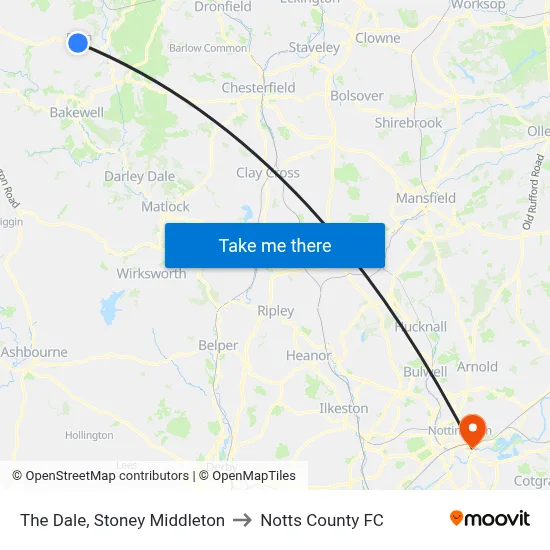 The Dale, Stoney Middleton to Notts County FC map