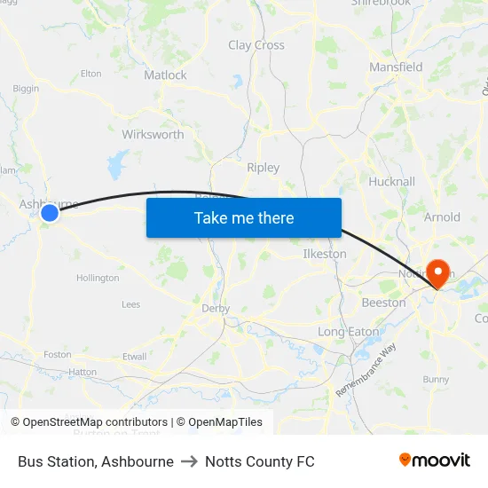 Bus Station, Ashbourne to Notts County FC map
