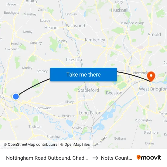 Nottingham Road Outbound, Chaddesden to Notts County FC map