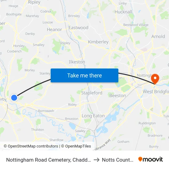 Nottingham Road Cemetery, Chaddesden to Notts County FC map