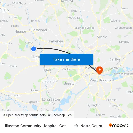 Ilkeston Community Hospital, Cotmanhay to Notts County FC map