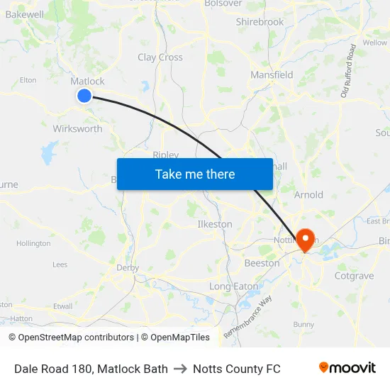 Dale Road 180, Matlock Bath to Notts County FC map
