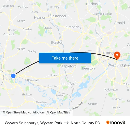 Wyvern Sainsburys, Wyvern Park to Notts County FC map