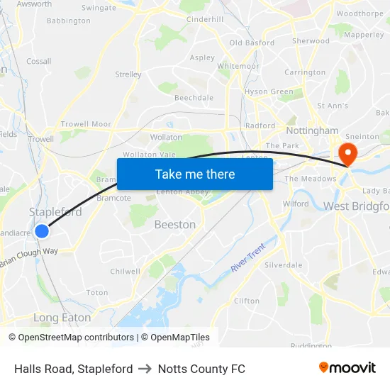Halls Road, Stapleford to Notts County FC map