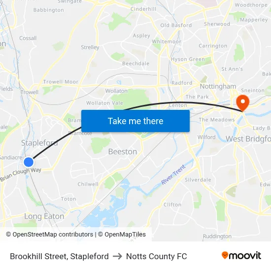 Brookhill Street, Stapleford to Notts County FC map