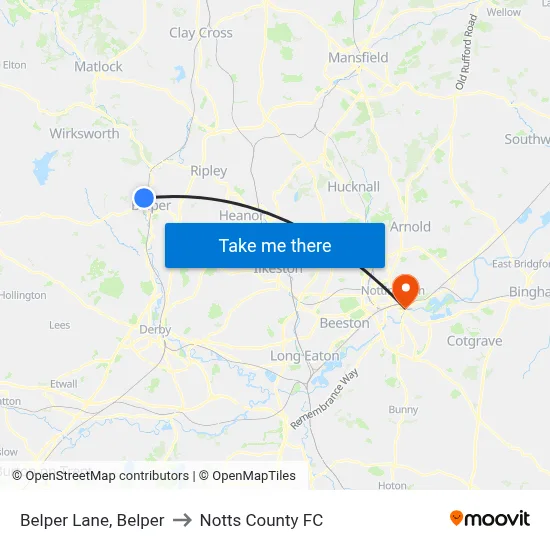 Belper Lane, Belper to Notts County FC map