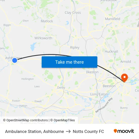 Ambulance Station, Ashbourne to Notts County FC map