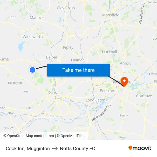 Cock Inn, Mugginton to Notts County FC map