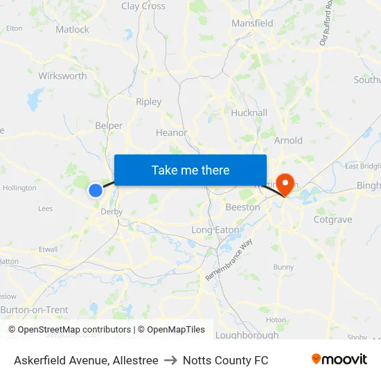 Askerfield Avenue, Allestree to Notts County FC map