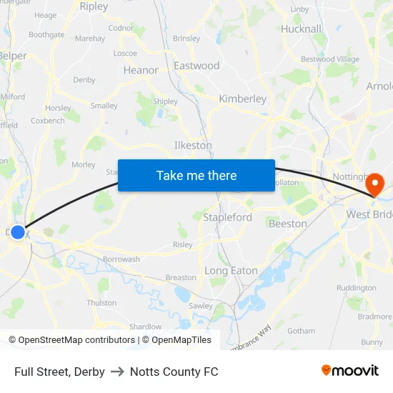Full Street, Derby to Notts County FC map