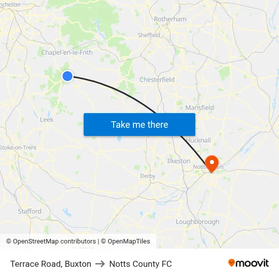 Terrace Road, Buxton to Notts County FC map