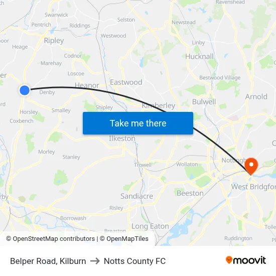 Belper Road, Kilburn to Notts County FC map