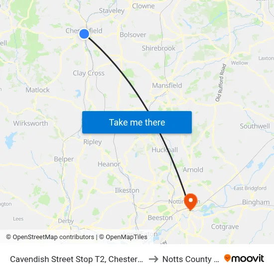 Cavendish Street Stop T2, Chesterfield to Notts County FC map
