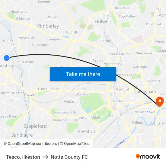 Tesco, Ilkeston to Notts County FC map