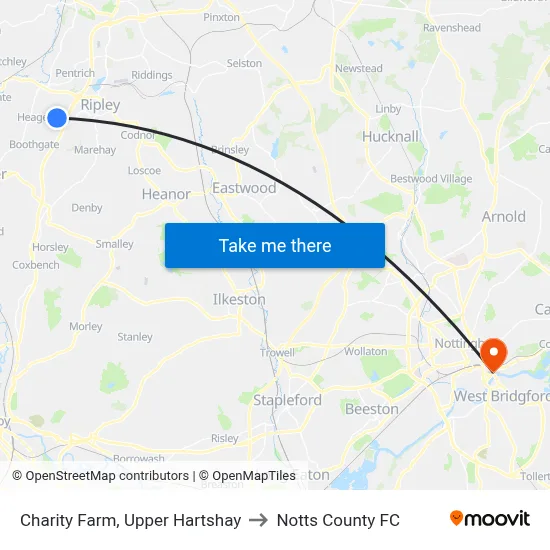 Charity Farm, Upper Hartshay to Notts County FC map