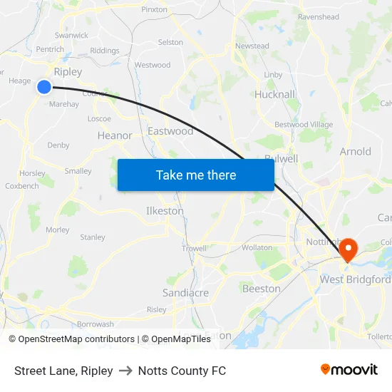 Street Lane, Ripley to Notts County FC map